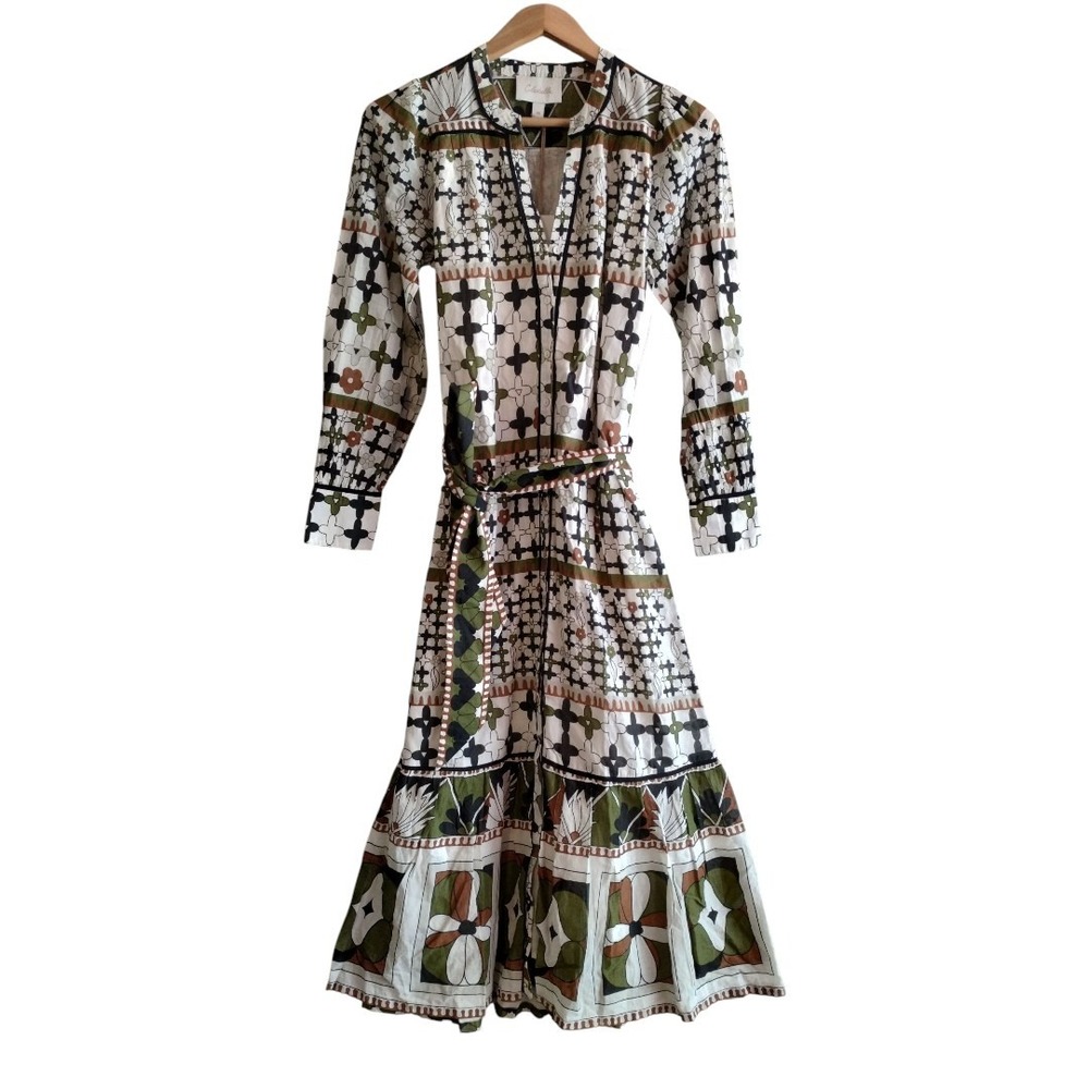 Cleobella Zariah‎ Long Sleeve Maxi Dress Art Deco Print Belted Women's XS